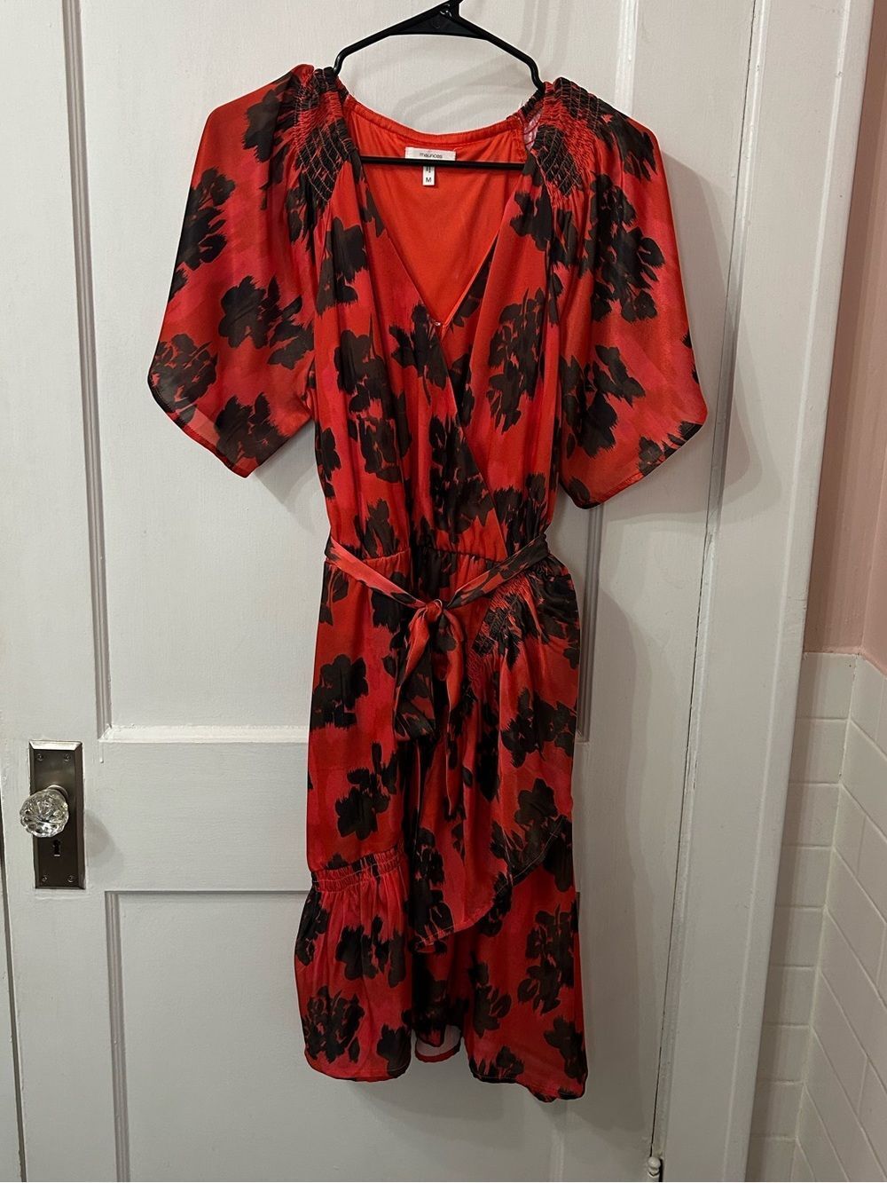 Maurices Red Midi Wrap Dress with Black Floral Print